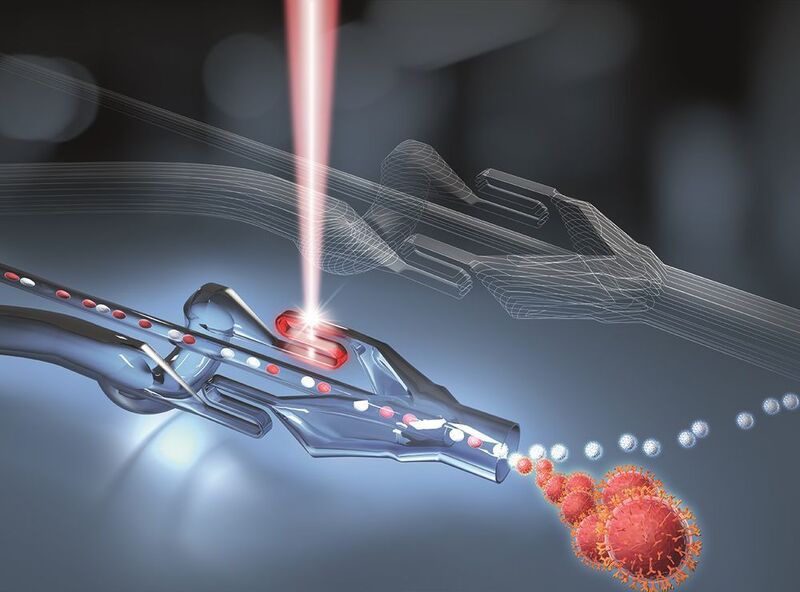 Struktur eines Chips für die Sortierung von Zellen und Partikeln mit Laserlicht. Die Ana-Lighter-Technologie wurde vorgestellt vom Fraunhofer-Institut für Lasertechnik ILT. (Fraunhofer ILT)