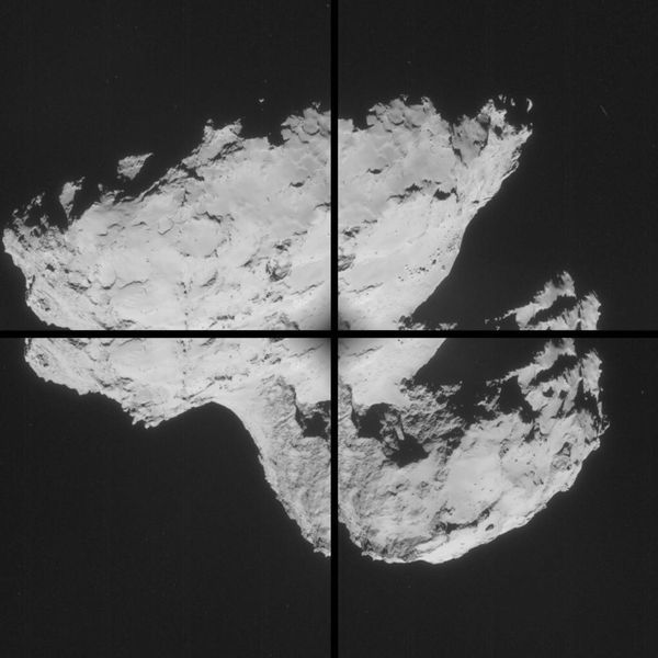 Montage aus vier Einzelaufnahmen, die die Navigationskamera an Bord der Raumsonde Rosetta am 31. August 2014 vom Kometen 67P/Churyumov-Gerasimenko gemacht hat. Sie entstanden aus etwa 61 km Entfernung zum Kometen. (Bild: ESA)