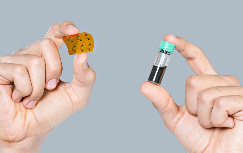 Flexible Hochleistungsgassensoren (links) wurden durch das Aufsprühen einer Lösung von Kohlenstoff-Nanoröhrchen (rechts) auf ein Plastiksubstrat hergestellt. (Uli Benz/TUM)