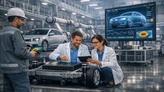 Zusammenarbeit in der Produktion: Fraunhofer entwickelt gemeinsam mit der Industrie zukunftsfähige Lösungen für die Automobilbranche. (Bild: Fraunhofer‑Allianz autoMOBILproduktion; mit KI generiert)