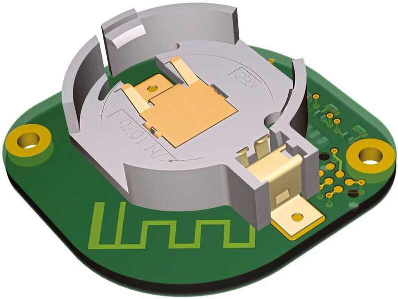 3D-Modell eines Sensor-Beacon für 3-Achsbeschleunigung und Umgebungsbedingungen: Die Stromversorgung liefert eine austauschbare Knopfzelle, für die eine Kavität im Sensormodul nötig ist. (Sensorik Bayern)