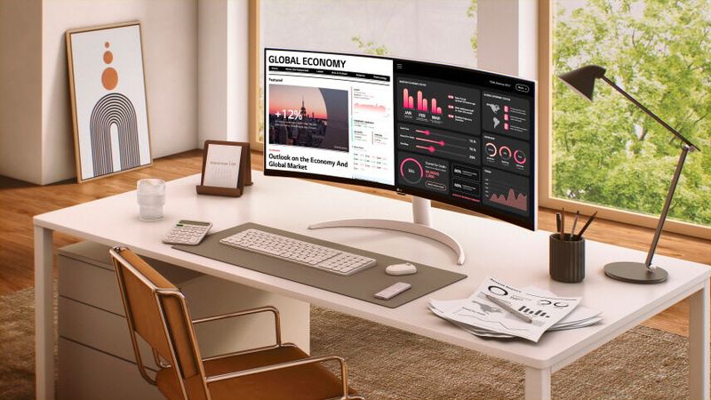Durch seine Krümmung ermöglicht der LG MyView 34SR65QC ein ergonomisches Arbeiten trotz des ultrabreiten VA-Panels im 21:9-Format. Eine Bildschirmteilungsfunktion ist ebenfalls integriert.   (Bild: LG Electronics)