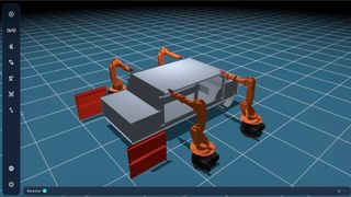 BabaCAD Robotics Web 3.0 : quatre robots autour d'une caisse automobile (import STL), simulés directement dans le navigateur. (Source : BabaCAD Robotics)