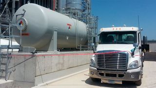 Chemical storage tanks can be horizontal or vertical vessels six to ten feet in diameter/height. It is not uncommon to see some type of non-contact level transmitter installed to provide level indication to the control room with a local display at the base of the tank.  (Source: Magnetrol)
