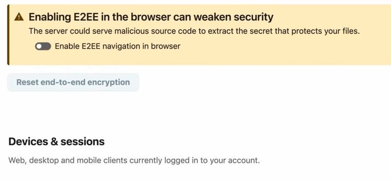 Die browserbasierte Ende-zu-Ende-Verschlüsselung erlaubt verschlüsselte Ordnerverwaltung im Web-Frontend, weist jedoch auf potenzielle Sicherheitsimplikationen hin. (Bild: Joos - Nextcloud)