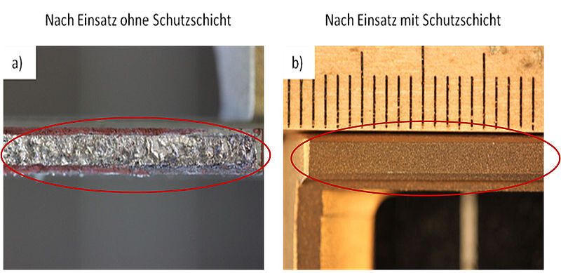 Die Titanklammer links mit herkömmlicher Abnutzung und rechts mit selbstheilender Kupferbeschichtung. (Bild: Universität des Saarlandes)