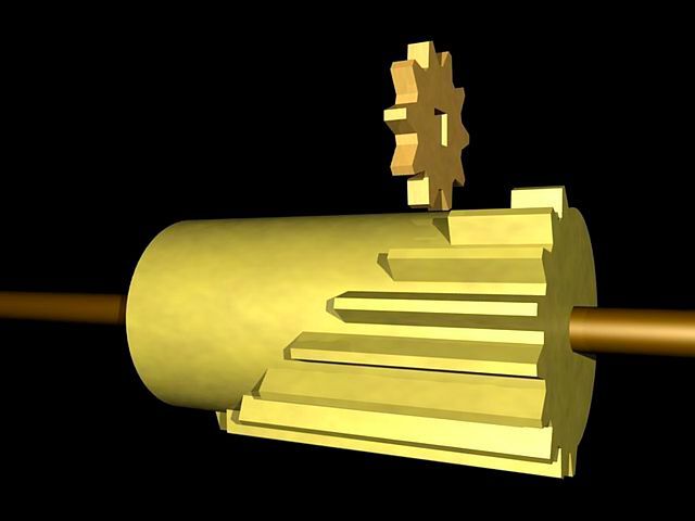 Die Besonderheit von Leibniz’ Rechenmaschine ist die Staffelwalze: eine Walze mit neun achsenparallelen Zahnleisten, deren Länge gestaffelt ist. Durch Verschiebung des Schlittens war es möglich, mit mehrstelligen Zahlen zu multiplizieren und zu dividieren.  (Bild: Staffelwalzeprinzipbha.jpg / Barbarah / CC BY-SA 4.0)