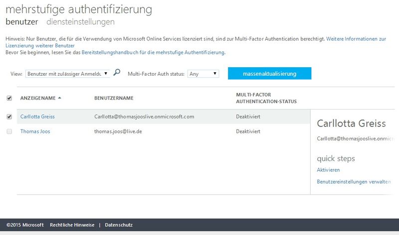 In den Einstellungen der Benutzer können Administratoren auch die mehrstufige Authentifizierung aktivieren. Das stellt sicher, dass die Anmeldung der Benutzer an Windows 10 und Azure Active Directory sicherer erfolgt, was vor allem bei mobilen Anwendern sinnvoll ist. (Bild: Thomas Joos)