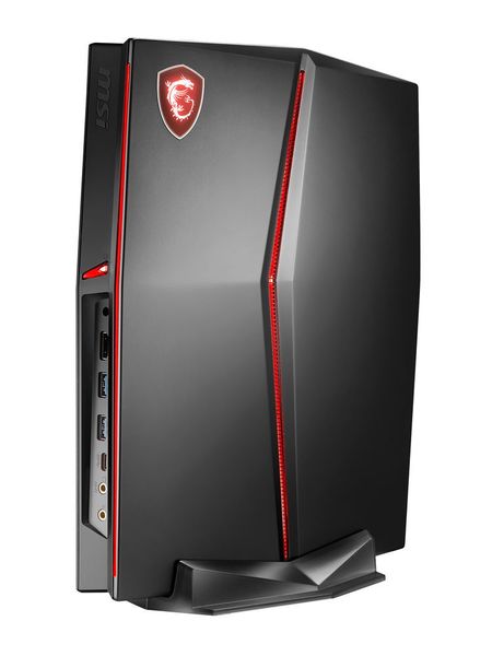 Der MSI Vortex G25 kann auch vertikal aufgestellt werden und macht sich so neben dem Monitor ganz schmal auf dem Schreibtisch. (MSI)