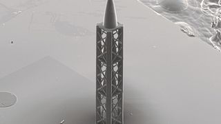 Mikrostruktur aus dem 3-D-Drucker: die refraktive Struktur, die die Forscher neu entwickelt haben und die gemeinsam mit einem diffraktiven Teil eine achromatische Röntgenlinse ergibt, ist knapp einen Millimeter lang (bzw. wie hier im Bild gezeigt: hoch). Aufgestellt erinnert die Form an eine winzige Rakete. Sie wurde per 3-D-Druck aus einem besonderen Kunststoff hergestellt. Hier gezeigt ist eine rasterelektronenmikroskopische Aufnahme der Struktur.  (Paul-Scherrer-Institut/Umut Sanli)