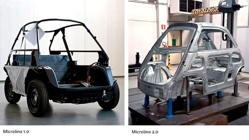 Um die Sicherheit zu erhöhen, setzt der Microlino mittlerweile statt auf einen Gitterrohrrahmen (l.) auf eine selbsttragende Karosserie aus gepressten Stahl- und Aluminiumteilen (r.). (Bild: Microlino)