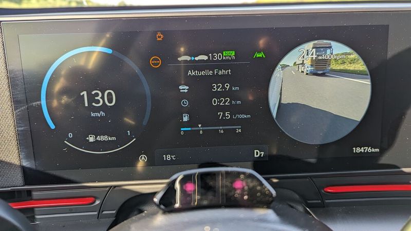 Mehr als ein netter Gimmick: Dank Kameras in den Außenspiegeln blendet das Kona-Cockpit beim Überholvorgang bzw. Spurwechseln einen Schulterblick nach hinten links oder rechts entsprechend ins linke oder rechte Segment des „Tachos“ ein. Auch wenn das einen physischen Schulterblick nicht ersetzt (ersetzen soll), so ist es auf jeden Fall ein zusätzliches und sinnvolles Sicherheits-Feature. Weniger schön: Der Cockpit-Einsatz steht senkrecht im oder besser gesagt auf dem Armaturenträger, was die Sicht auf selbigen nicht verbessert. (Bild: Dominsky – VCG)