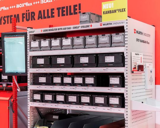 Teilansicht auf das neuartige Würth-CPS-Kanban-flex-Regal. Es ist modular aufgebaut und kann stets erweitert werden. Damit, sagt Würth, ist die C-Teileversorgung auf ein neues, zukunftssicheres Level gehoben. Lesen Sie hier, warum das so ist ... Teilansicht auf das neuartige Würth-CPS-Kanban-flex-Regal. Es ist modular aufgebaut und kann stets erweitert werden. Damit, sagt Würth, ist die C-Teileversorgung auf ein neues, zukunftssicheres Level gehoben. Lesen Sie hier, warum das so ist ...