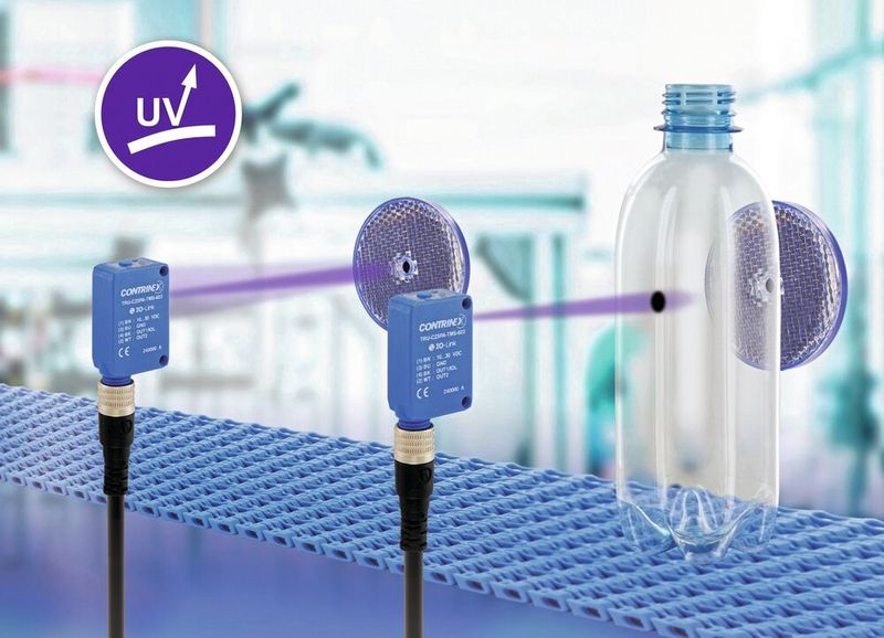 The photoelectric sensor TRU-C23 uses UV light and detects transparent objects with high reliability. (Image:Contrinex)