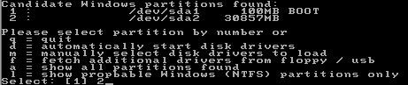 Das im Artikel erwähnte Linux-Live-System NTPasswd lässt sich auf CD brennen und anschließend booten. Nach dem Start wählen Administratoren die Partition aus, auf der Windows installiert ist. Bei Windows 7/8 handelt es sich um die zweite Partition, da auf der ersten Partition nur der Bootmanager liegt. (Bild: Archiv)