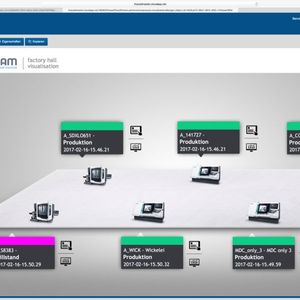 IT 4.0 bietet Echtzeit-Informationen für jede Maschine am Computer und visualisiert diese nutzerfreundlich – wie im Bild in einem frei konfigurierbaren Fabrikhallen-Layout.(Bild:  Forcam)