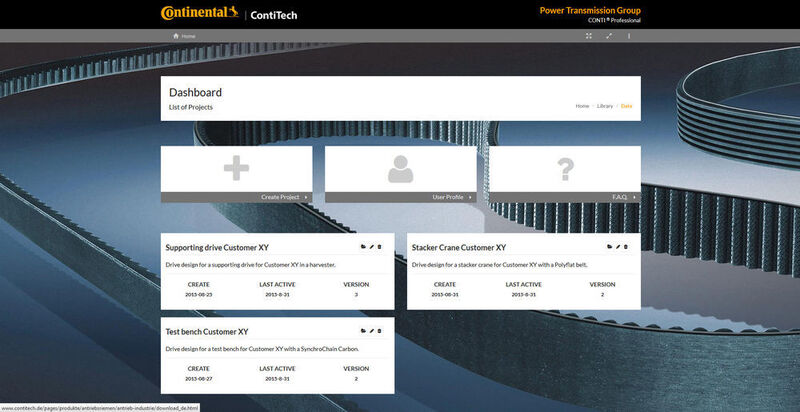 Im Dashboard von Conti Professional werden berechnete Projekte hinterlegt, Kunden können somit jederzeit auf die gespeicherten Daten zugreifen. (ContiTech)
