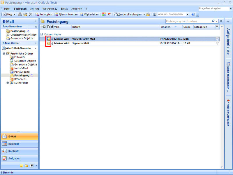 Abbildung 2: Outlook 2003 und 2007 informieren den Anwender mit speziellen Symbolen über die Verschlüsselung und Signatur empfangener Mails (Archiv: Vogel Business Media)