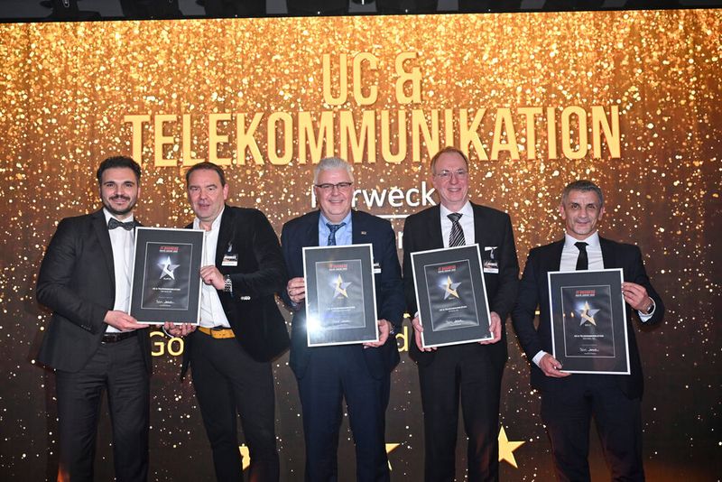 Dieses Jahr konnten bei „UC & Telekommunikation“ punkten: Sergio Gagliardi und Maik Goldschmidt, Herweck (Platin), Gernot Teufel, Eno (Gold), Steffen Ebner, Komsa (Gold) sowie Valon Kuci, Michael AG (Gold) (Bild: Hannes Magerstädt)