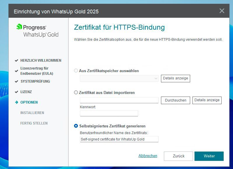 Auswählen des Zertifikats für die Weboberfläche von WhatsUp Gold. (Bild: Joos | Microsoft)