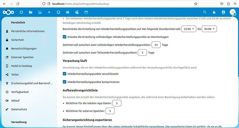 Anpassen der Sicherungszeiträume in Nextcloud. (Bild: Joos - Nextcloud)