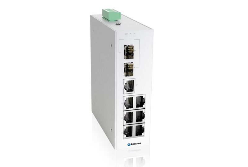 Der K Switch D4MF 7F-2FS aus der K Switch D4MF-Serie ist ein 9-Port managed Ethernet Switch mit 7 10/100 BaseT(X) Ports und 2 100 FX SFP Slots, einem erweiterten Temperaturbereich von -40 bis 75°C sowie einem dualen DC-Leistungseingang. (Kontron)
