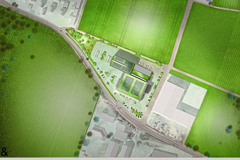 Wo künftig der neue Vorzeigebetrieb stehen soll (Bildmitte), ist heute noch Ackerfläche. Der Bauplatz liegt allerdings an einer hochfrequentierten Straße, die Weilheim mit der südlichen Uferregion des Starnberger Sees verbindet. (Bild: Benz & Ziegler)