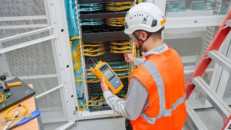 Um den immer größeren internen Datenverkehr zu bewältigen, nutzen Rechenzentren mehrere Glasfasern parallel, die dann insgesamt höheren Datendurchsatz bieten. Mehrfaser-Array-Steckverbinder wie MPO machen dies möglich. Dies macht jedoch auch den Einsatz moderner Testgeräte notwendig, die mehr als 24 Fasern gleichzeitig in unter einer Sekunde testen können. (Bild:  Fluke)