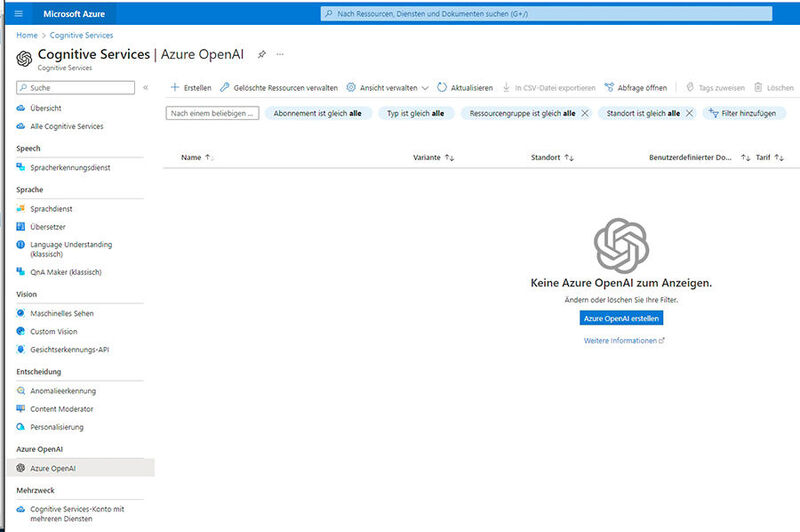 In Azure OpenAI lassen sich neue KI-Dienste mit wenigen Klicks über das Azure-Portal erstellen.