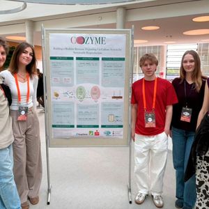 Benedikt Stupp, Nina Wewers, Ole Nielsen, Aniela Jakimowicz und Lina Bollmann vor dem Poster zu Cozyme beim Treffen der deutschen iGEM-Teams in Hamburg.(Bild:  Florian Hänsel / HHU)