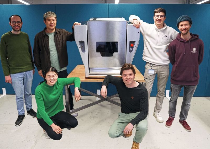Das Eigenblue-Team mit dem eigenScan (v.l.n.r.): Ata Keşfeden, Shiyue Liu, Qiao Qiao, Johannes Zimmerer, Raphael Joppi und Tizian Unkauf. (Bild: Eigenblue GmbH)