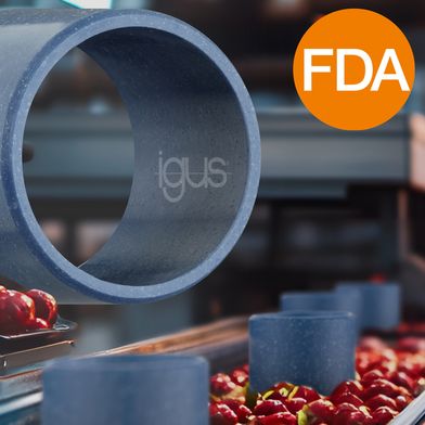Mit dem Werkstoff Iglidur A351 hat Igus ein neues Bisphenol-freies und FDA-konformes Material entwickelt, welches für den Kontakt mit Lebensmitteln zugelassen und besonders beständig gegen Reinigungschemikalien und hohe Temperaturen bis 180°C ist. (Bild: Igus)