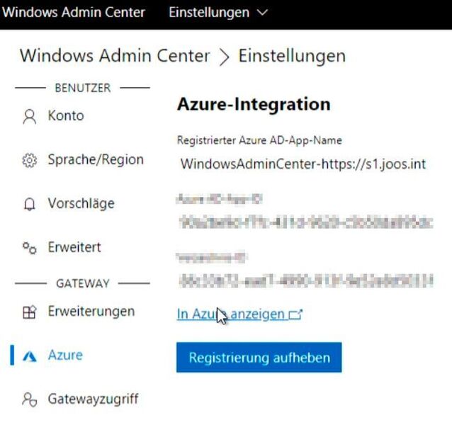 Die erfolgreiche Registrierung an Azure wird im Windows Admin Center angezeigt. (Joos / Microsoft)