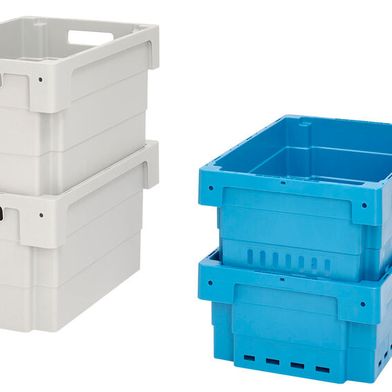 Die volumenreduzierbaren Drehstapelbehälter von Bito werden ab dem ersten Quartal 2026 auch in den Maßen 600 Millimeter × 400 Millimeter × 220 Millimeter zu haben sein. (Bild: Bito)