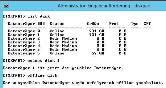 Abbildung 3: Im nächsten Schritt wählen Sie die USB-Festplatte aus, die Sie im virtuellen Server unter Hyper-V nutzen wollen. Verwenden Sie dazu den Befehl select . Anschließend setzen Sie die Festplatte mit offline disk offline. (Bild: Joos)