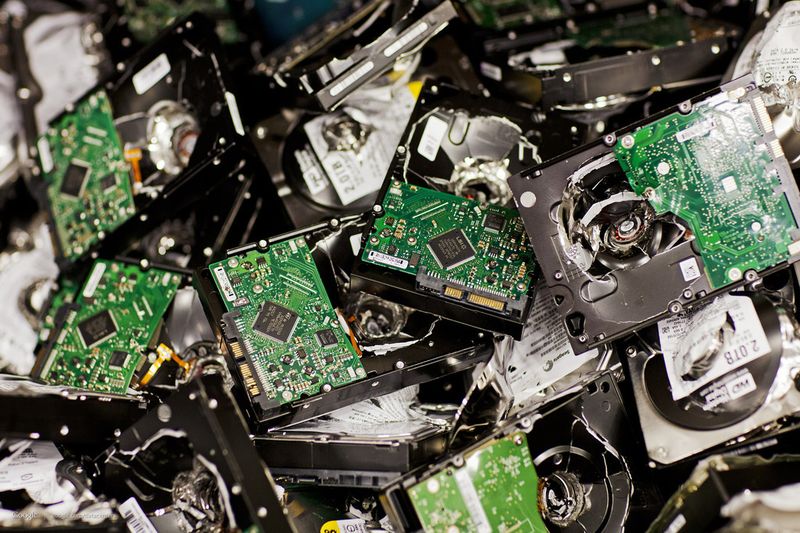 Google Datacenter: Friedhof der Festplatten. Nicht mehr benötigte Datenträger werden direkt in den Rechenzentren zerstört. (Google)