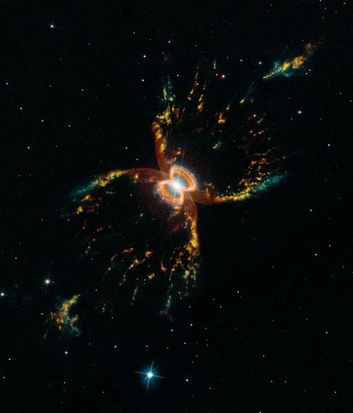 Southern Crab Nebula (2019): Der Nebel, offiziell als Hen 2-104 bekannt, befindet sich mehrere tausend Lichtjahre von der Erde entfernt. Er scheint zwei ineinander verschachtelte sanduhrförmige Strukturen aufzuweisen, die von einem wirbelnden Sternenpaar in einem Doppelsternsystem geformt wurden. Das Duo besteht aus einem alternden Roten Riesenstern und einem ausgebrannten Stern, einem Weißen Zwerg. Der Rote Riese verliert seine äußeren Schichten. Ein Teil dieses ausgeworfenen Materials wird durch die Schwerkraft des Weißen Zwergs angezogen. (NASA)