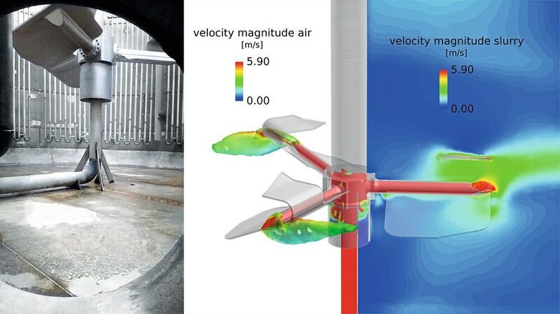 Fig. 1: Combijet+ impeller (diameter 4.4 m) in a 800 m³ bioleach reactor. The CFD simulation shows the air and the slurry flow velocities around the impeller. (Ekato)