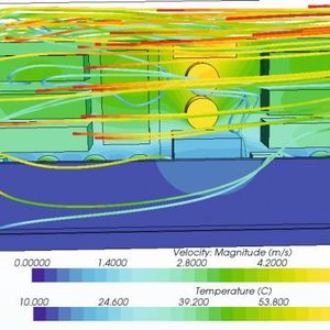 Bild 3: Die Färbung der Stromlinien repräsentiert die Strömungsgeschwindigkeit, die Farben der Elektronikkomponenten deren Temperatur. (Bild:  California State University)
