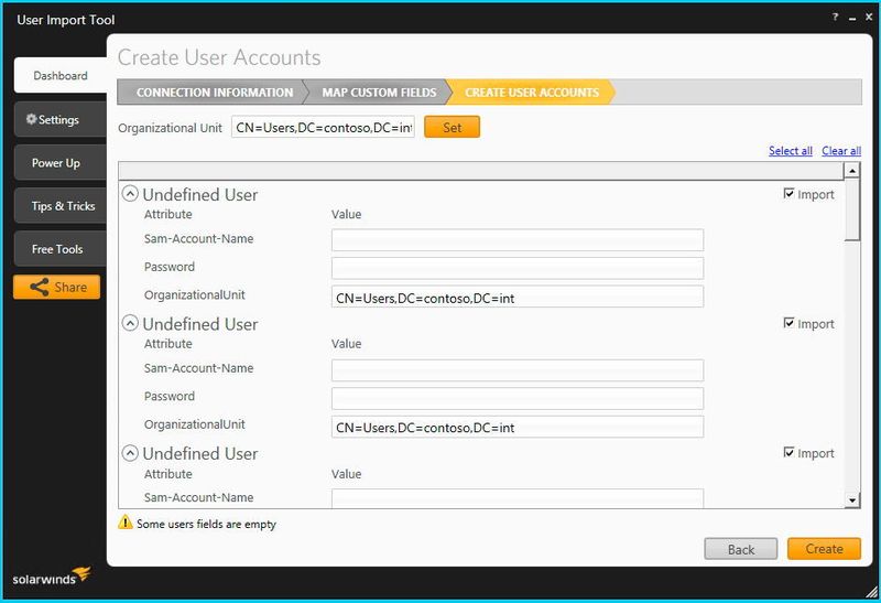 Der Menüpunkt Create User Accounts erlaubt weitere Steuerungsmöglichkeiten und das Definieren spezifischer Werte der einzelnen Benutzerkonten. Außerdem lässt sich hier festlegen, welche Benutzer aus der CSV-Datei tatsächlich importiert werden sollen. Hier kann auch die Organisationseinheit für das Anlegen der Benutzer festgelegt werden. (Joos)