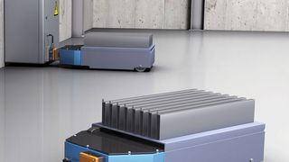 Bild 1: Die kontaktlose, wartungsfreie Energieübertragung lässt sich bei automatischen Transportsystemen, z.B. Flurförderfahrzeugen vorteilhaft einsetzen. Das Aufladen der Akkus geschieht kontaktlos, ohne Steckverbinder. (Weidmüller)