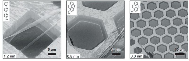 Mit dem neuen Graphenherstellverfahren hat ein Team der Universität Bielefeld zwölf verschieden strukturierte Nanomembranen hergestellt. Hier einige Beispiele. (Bild: Universtität Bielefeld)