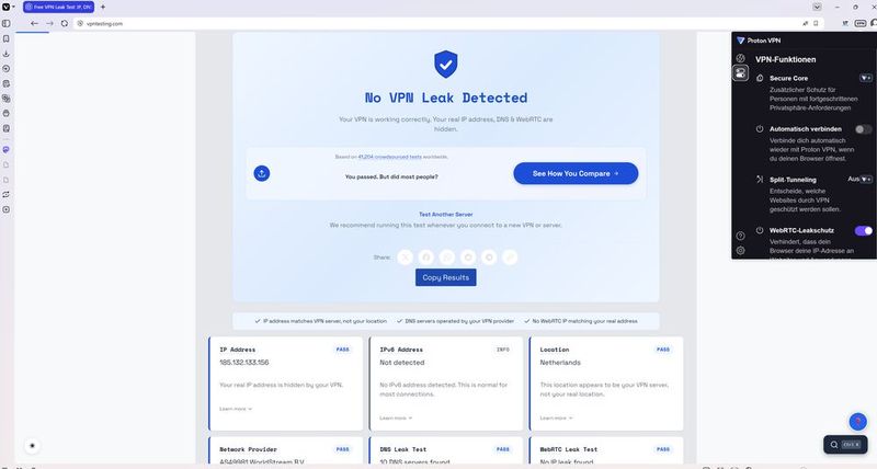 Der Vivaldi-Browser bietet ein VPN an, das auf der Technik und der Software von Proton basiert. Hier bei der Überprüfung mit einer VPN-Testsoftware. (Bild: Bär/Schlede - Vivaldi)