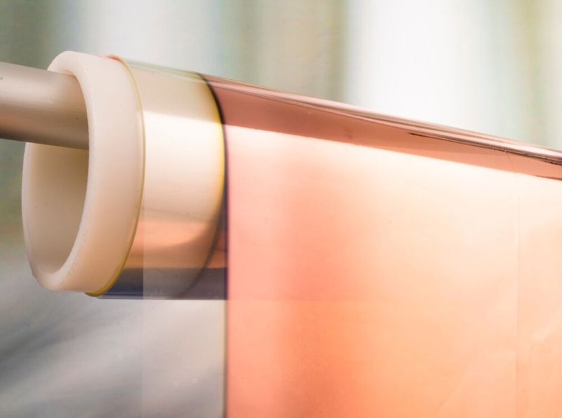 Mittels Elektronenstrahlverdampfung mit Kupfer beschichtete Kunststofffolie zur Verwendung als Metall-Polymer-Stromkollektor (composite current collector) für Batteriezellen. (Bild: Fraunhofer FEP, Finn Hoyer)