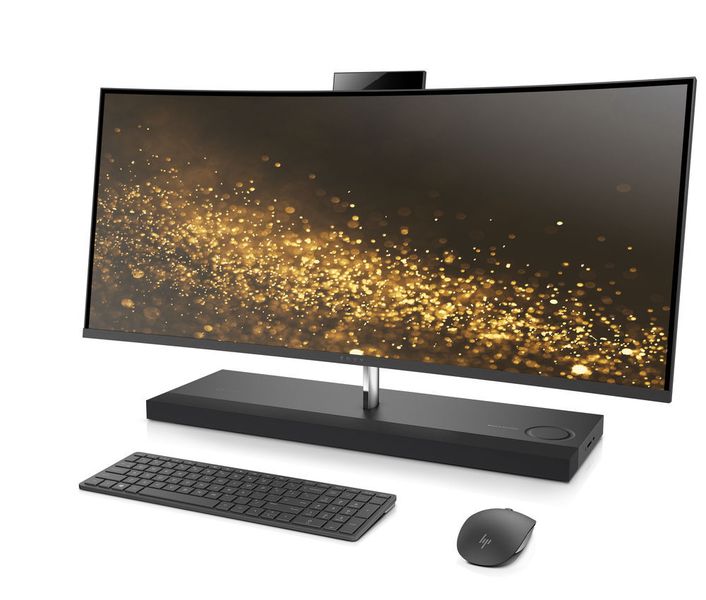 Im Fuß des HP ENVY Curved AiO 34 steckt der eigentliche Rechner mit Kaby-Lake i5 oder i7, und optionaler Geforce-Grafik. Die Webcam kann in dem gekrümmten 34-Zoll-WQHD-Display versenkt werden und schaltet sich dabei komplett ab. (HP)