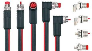 Die schwarz-rote Leitung ist typisch für Ethercat P: Kompakte M8x1-Anschlussleitungen (links) und Geräteschnittstellen (rechts) für Ethercat-P-Anwendungen.  (Escha)