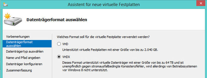 Abbildung 1: Windows Server 2012 und Windows 8 bieten das neue Festplattenformat VHDX. (Bild: Thomas Joos)