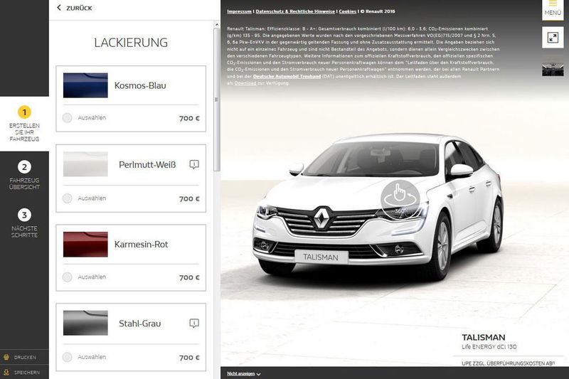 Platz 6: Renault. Bei den Franzosen kommt man schnell zum gewünschten Ziel. Nur vier Schritte benötigt der Kunde für die gesamte Konfiguration. Mit ein paar multimedialen Inhalten wäre Renault vermutlich noch weiter vorne gelandet. (Screenshot Renault)
