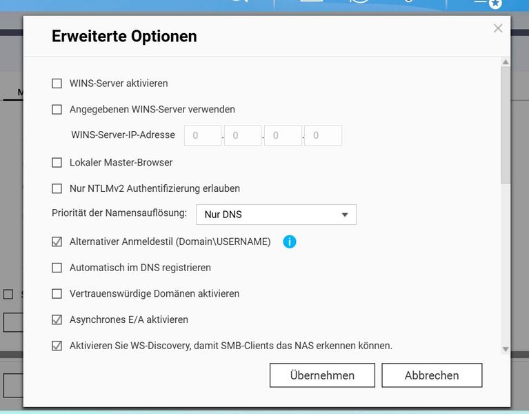 Erweiterte Optionen auf dem QNAP-NAS für AD konfigurieren. (Bild: Joos | QNAP)
