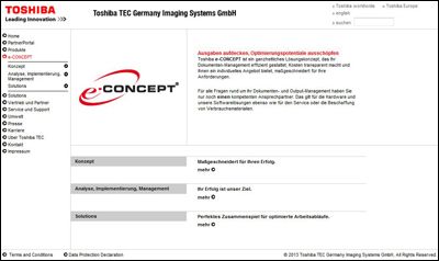 e-CONCEPT von ToshibaToshiba e-CONCEPT ist ein ganzheitliches Lösungskonzept, das die Bürokommunikation effizient gestaltet, Kosten transparent macht und dem Kunden ein individuelles Angebot bietet. Eine effektive Kostenbetrachtung und optimale Systemausstattung schaffen die Voraussetzung für effizientes Wirtschaften. ()